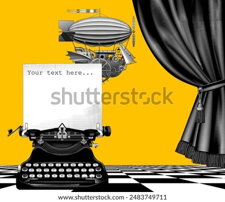 Old typewriter with a paper sheet on a checkerboard floor near a black curtain on a yellow background and a fantastic steampunk flying ship. Composition in vintage engraving style. Vector illustration