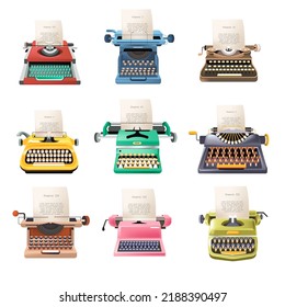 Old typing machines with papers, isolated vintage devices for printing industries and journalist centers. Newspapers production, evolution or variety of models. Vector in flat style illustration