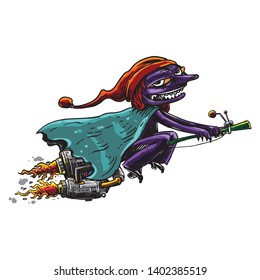 old ugly lady witch flying with high technology rocket based broom illustration