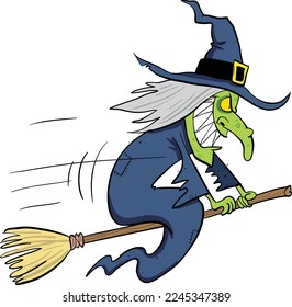 Old ugly medieval witch flying on a broom