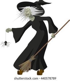 old ugly witch with broom and spider