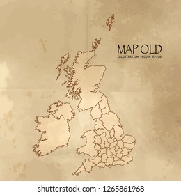 Old Uk Counties Map With Vintage Paper Texture Vector Format. Vector Eps10 - Vector