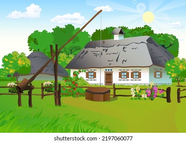 old ukrainian hut in the garden apple tree mallow chamomile tyn hedge whitewashed painted walls ornament roof eaves made of straw windows with shutters shed for household well ruzhavl sun summer