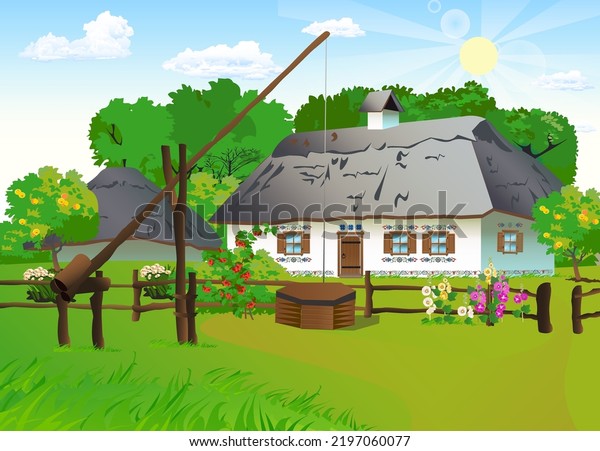 old ukrainian hut in the garden apple tree mallow\
chamomile tyn hedge whitewashed painted walls ornament roof eaves\
made of straw windows with shutters shed for household well ruzhavl\
sun summer