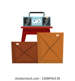 Old unnecessary things, cardboard boxes with old stuff, retro boombox, garage sale vector Illustration on a white background
