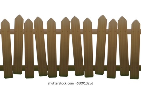 Old, unsteady, crooked fence with wooden texture, seamless extendable - isolated vector illustration on white background.