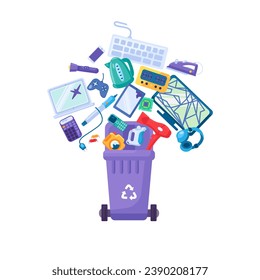 Old unwanted electronic devices fall into open trash bin. Heap of old broken electrical appliances industry. E-waste pollution problem. Cartoon vector isolated on white background