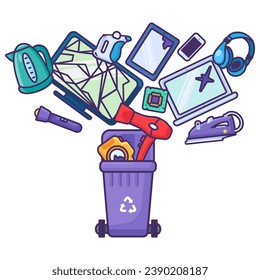 Old unwanted electronic devices fall into open trash can. Heap of old broken electrical appliances industry. E-waste pollution problem. Stroked cartoon outline vector isolated on white background