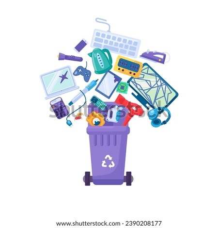 Old unwanted electronic devices fall into open trash bin. Heap of old broken electrical appliances industry. E-waste pollution problem. Cartoon vector isolated on white background