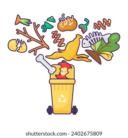 Old unwanted Food Leftovers fall into open trash can. Heap of old vegetables, fruits and compost. Organic pollution problem. Stroked cartoon outline vector isolated on white background