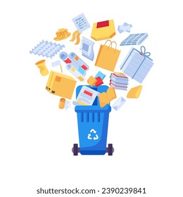 Old unwanted Paper carton Items fall into open trash can. Heap of old books, newspapers, boxes, packages. Paper pollution problem. Cartoon vector isolated on white background