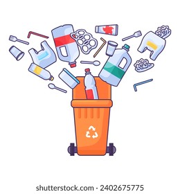 Old unwanted Plastic Items fall into open trash can. Heap of old bottles, packaging, disposable tableware. Plastic pollution problem. Stroked cartoon outline vector isolated on white background