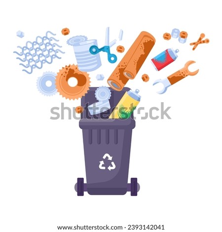 Old unwanted rusty iron Items fall into open trash can. Heap of old rusty broken metal industry things. Metal pollution problem. Cartoon isolated vector isolated on white background