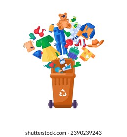 Old unwanted Textile Products fall into open trash bin. Heap of old clothing, toys and fabric scraps. Textile pollution problem. Cartoon vector isolated on white background