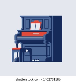 Old upright piano in limited color scheme. Classical musical instrument graphic element