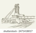 Old urban big iron mineral quarry rock mine refine excavate mill work on white sky. Black outline hand drawn heavy coal carbon crude diesel tank service icon sign text sketch as retro high art cartoon