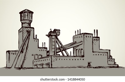 Old urban big iron mineral quarry rock mine refine excavate mill work on white sky. Black outline hand drawn heavy coal carbon crude diesel tank service icon sign text sketch as retro high art cartoon