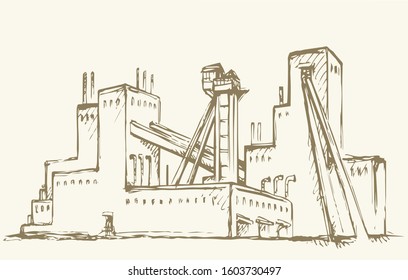 Old urban big iron mineral quarry rock mine refine excavate mill work on white sky. Black outline hand drawn heavy coal carbon crude diesel tank service icon sign text sketch as retro high art cartoon