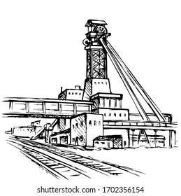 Old urban big iron mineral quarry rock mine refine excavate mill work on white sky. Black outline hand drawn heavy coal carbon crude diesel tank service icon sign text sketch as retro high art cartoon