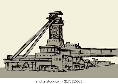 Old urban big iron mineral quarry rock mine refine excavate mill work on white sky. Black outline hand drawn heavy coal carbon crude diesel tank service icon sign text sketch as retro high art cartoon