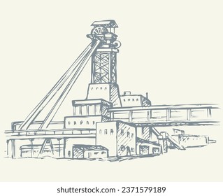 Old urban big iron mineral quarry rock mine refine excavate mill work on white sky. Black outline hand drawn heavy coal carbon crude diesel tank service icon sign text sketch as retro high art cartoon