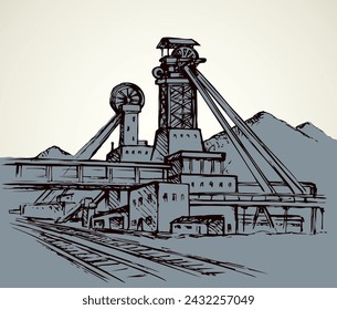 Old urban big iron mineral quarry rock mine refine excavate mill work on white sky. Black outline hand drawn heavy coal carbon crude diesel tank service icon sign text sketch as retro high art cartoon