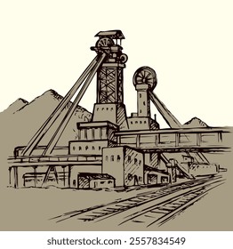 Old urban big iron mineral quarry rock mine refine excavate mill work on white sky. Black outline hand drawn heavy coal carbon crude diesel tank service icon sign text sketch as retro high art cartoon