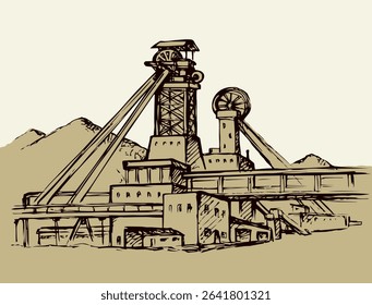 Old urban big iron mineral quarry rock mine refine excavate mill work on white sky. Black outline hand drawn heavy coal carbon crude diesel tank service icon sign text sketch as retro high art cartoon