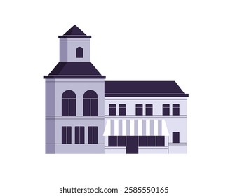 Old urban building, historic facade. European city architecture, tower, awning and shop. Municipal construction, property, real estate outdoors. Flat vector illustration isolated on white background