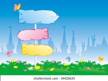 Old urban landscape with signpost (vector)