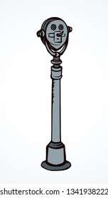 Old urban public park point pay monocular spot tube device on white sky. Black line hand drawn logo icon. Outline eyepiece scenery machine pictogram sign in retro art cartoon style on place for text