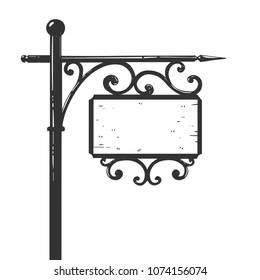 Old urban road signpost pointer vector illustration. Scratch board style imitation. Black and white hand drawn image.
