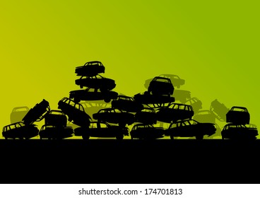 Old used automobile cars metal scrapyard graveyard landscape in industrial metal recyclable ecology concept vector background illustration