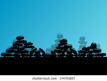 Old used automobile cars metal scrapyard graveyard landscape in industrial metal recyclable ecology concept vector background illustration