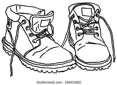old used boots vector isolated on white background. Tying sports shoes 