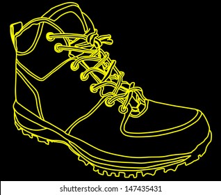 old used boots vector isolated on black background. Tying sports shoes in yellow line