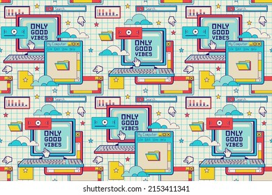 Old user interface aesthetics seamless background, wallpaper, web backdrop. Nostalgia computer backdrop. Cool 90's window boxes and buttons. Vintage pc desktop.