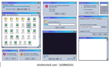 Old user interface. Old computer music and video player UI, text editor and critical system error alert notification window vector illustration set. Collection of OS messages, notifications, widgets.