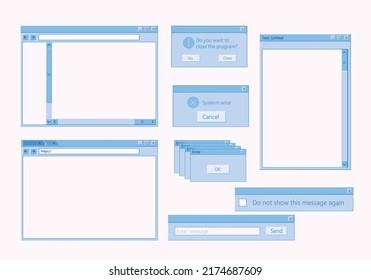 Interfaz de usuario antigua. Interfaz de usuario de música y reproductor de vídeo, editor de texto y conjunto de ilustración vectorial de la ventana de notificación de errores críticos del sistema. Recopilación de mensajes del sistema operativo, notificaciones, widgets.