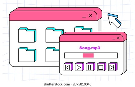 Old user interface computer, retro programs buttons. Vaporwave and retrowave style elements.