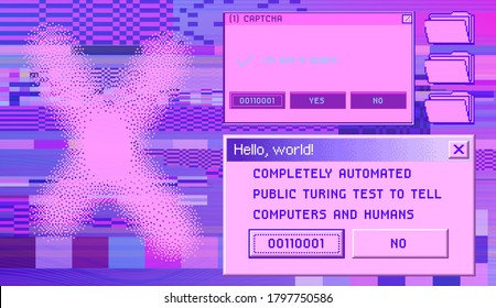Old user interface elements, retro message box with buttons. Vaporwave and retrowave style aesthetics.