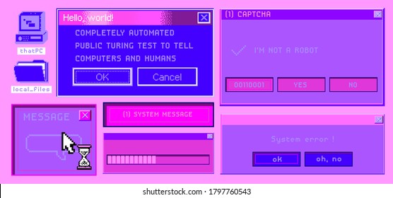 Old user interface elements, retro message box with buttons. Vaporwave and retrowave style aesthetics.