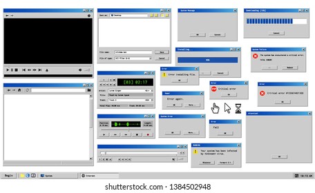 Старый пользовательский интерфейс. Ретро-окна браузера и всплывающее окно с сообщением об ошибке. Макет винтажного медиаплеера, диктофона и диалогового окна с системной информацией. Пиксельные иконки компьютерной мыши