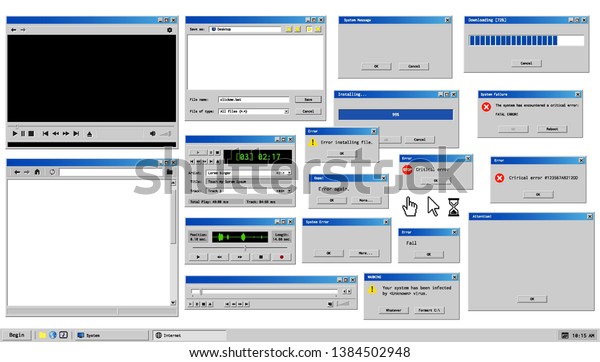 Old\
user interface. Retro browser windows and error message popup.\
Mockup of vintage media player, sound recorder and dialog box with\
system information. Pixelated computer mouse\
icons