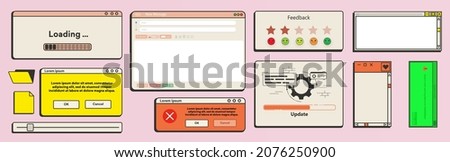 Old user interface.  A set of flat UI and UX elements: dialog box, tab, button, modal window. Collection of OS messages, notifications, widgets. Trendy cover in vaporwave 80s-90s style. Vector 