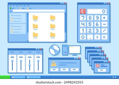 Old user interface windows in pixel style. Retro pc elements in vector