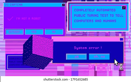 Old user interface windows, retro message box with buttons. Vaporwave and retrowave style elements.