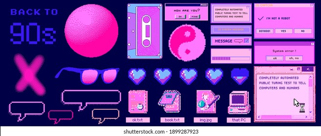 Old user interface windows, retro message box with buttons. Vaporwave and retrowave style elements.