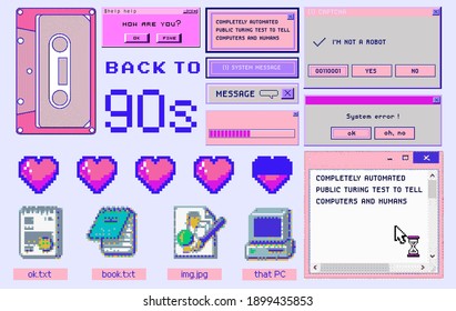 Old user interface windows, retro message box with buttons. Vaporwave and retrowave style elements.