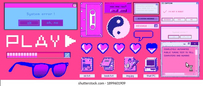 Old user interface windows, retro message box with buttons. Vaporwave and retrowave style elements.